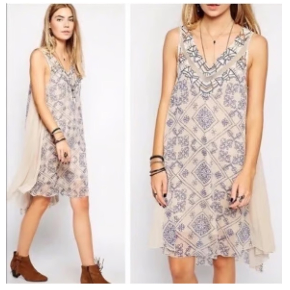 Free People Women’s Boho Ancient Mystery Sleeveless Beaded Shift Dress Size Lg